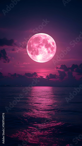 Pink full moon rising over calm ocean at night.