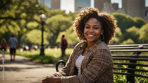 Joyful African American woman enjoying a sunny day in the park, smiling warmly while seated on a bench surrounded by greenery and city vibes