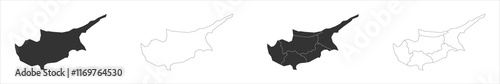 Cyprus set of three maps - solid map, outline map and map highlighting administrative divisions. Three distinct maps illustrate various representations of a geographical area.