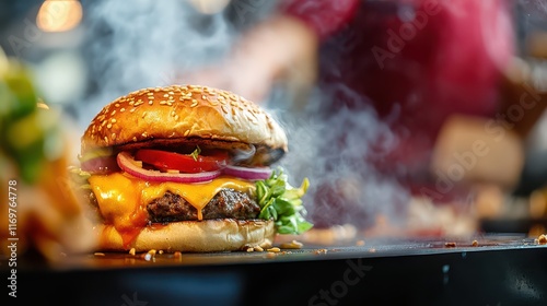 A vibrant street food vendor serving a freshly made cheeseburger, showcasing a deliciously assembled burger with melting cheese and a variety of fresh toppings.