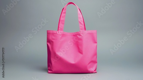 A vibrant pink reusable shopping bag or tote stands upright in a studio shot. photo