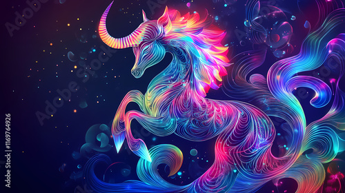 Vibrant neon capricorn zodiac illustration, retro futuristic design. celestia. illustration. Celestia. Illustration