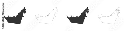 United Arab Emirates set of three maps - solid map, outline map and map highlighting administrative divisions. Three distinct maps illustrate various representations of a geographical area.
