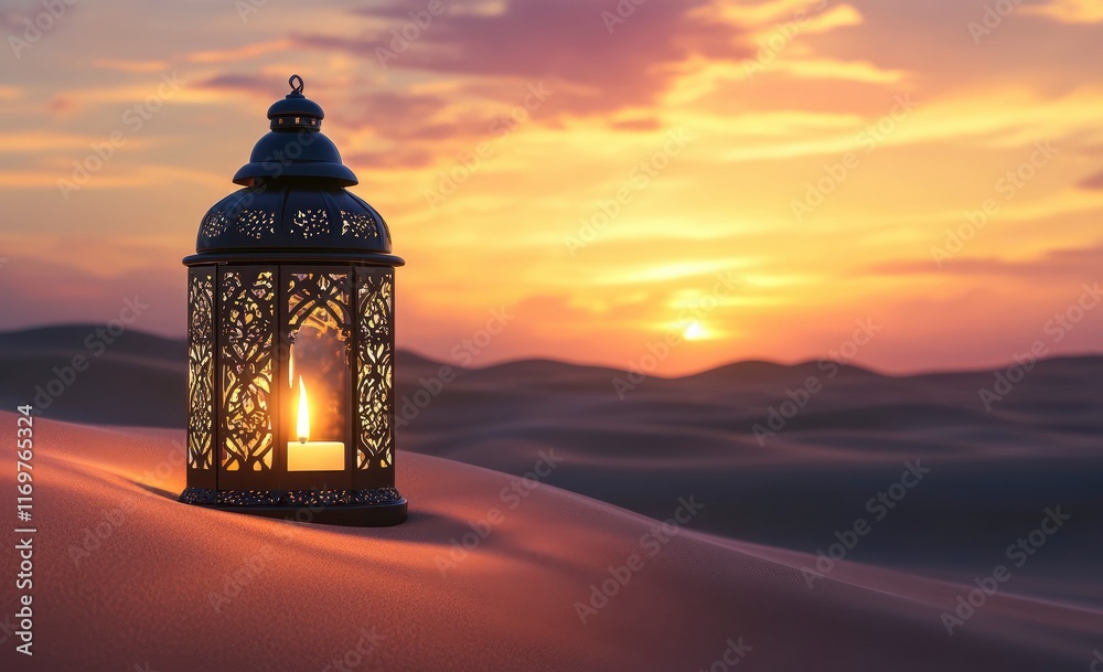 An Arabic lantern with a burning candle on a sand dune against a desert background, for the Ramadan Kareem celebration concept. Copy space, Ramadan Kareem. High resolution, highly detailed