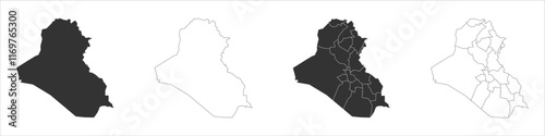 Iraq set of three maps - solid map, outline map and map highlighting administrative divisions. Three distinct maps illustrate various representations of a geographical area.