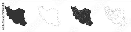 Iran set of three maps - solid map, outline map and map highlighting administrative divisions. Three distinct maps illustrate various representations of a geographical area.