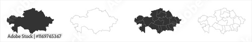 Kazakhstan set of three maps - solid map, outline map and map highlighting administrative divisions. Three distinct maps illustrate various representations of a geographical area.