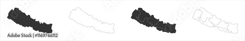 Nepal set of three maps - solid map, outline map and map highlighting administrative divisions. Three distinct maps illustrate various representations of a geographical area.