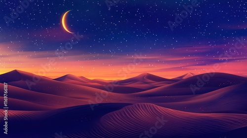 arabian, desert, moon, arabic, sky, sand, landscape, illustration, vector, background, nature, dune, starry, star, islam, night, crescent, twilight, travel, arab, dark, islamic, sahara, culture, afric