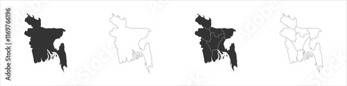 Bangladesh set of three maps - solid map, outline map and map highlighting administrative divisions. Three distinct maps illustrate various representations of a geographical area.