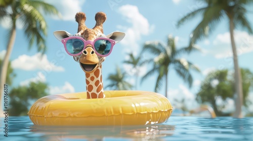A whimsical image of a giraffe preparing for a summer vacation, wearing stylish sunglasses and an inflatable rubber ring. photo