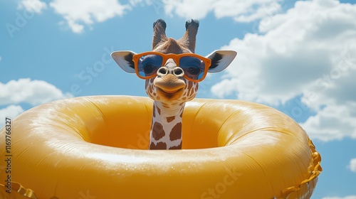 A whimsical image of a giraffe preparing for a summer vacation, wearing stylish sunglasses and an inflatable rubber ring. photo