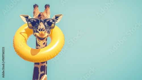 A whimsical image of a giraffe preparing for a summer vacation, wearing stylish sunglasses and an inflatable rubber ring. photo
