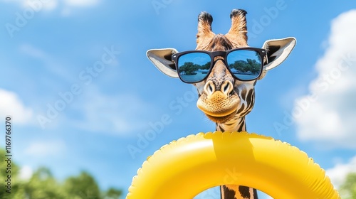 A whimsical image of a giraffe preparing for a summer vacation, wearing stylish sunglasses and an inflatable rubber ring. photo