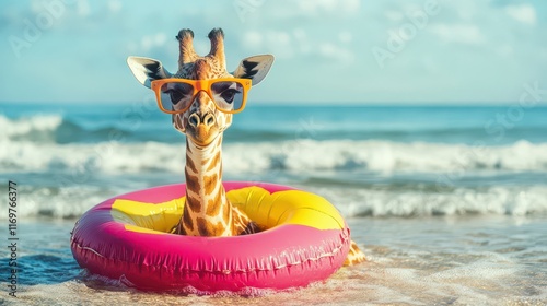 A whimsical image of a giraffe preparing for a summer vacation, wearing stylish sunglasses and an inflatable rubber ring. photo