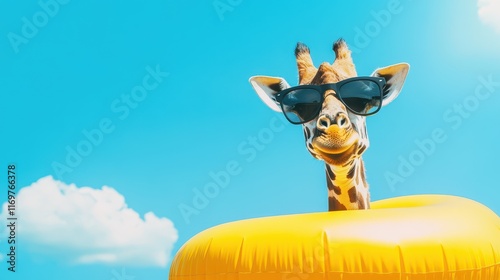 A whimsical image of a giraffe preparing for a summer vacation, wearing stylish sunglasses and an inflatable rubber ring. photo