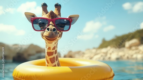 A whimsical image of a giraffe preparing for a summer vacation, wearing stylish sunglasses and an inflatable rubber ring. photo