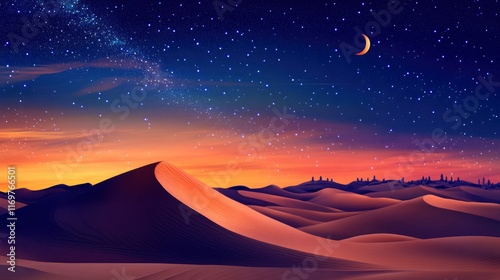 arabian desert with sand dunes, starry sky and crescent moon, colorful sunset photo