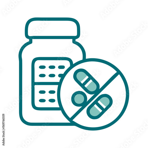 Medicine bottle and prohibited pills icon in teal line art