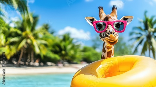 A whimsical image of a giraffe preparing for a summer vacation, wearing stylish sunglasses and an inflatable rubber ring. photo