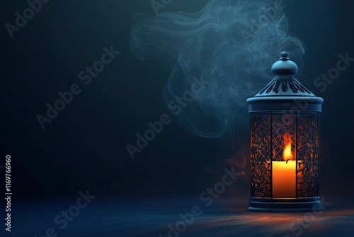 Arabic lantern with a glowing candle and smoke on a dark blue background for the Ramadan Kareem celebration, with space for text. Eid Mubarak. photo