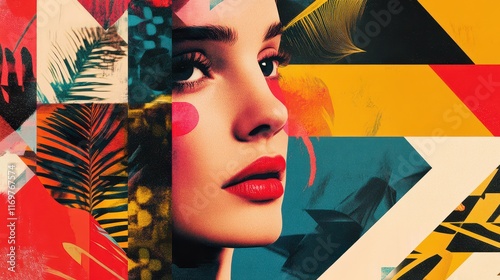 An abstract 1980s-inspired collage featuring a female portrait, characterized by vibrant, retro colors and geometric patterns. photo