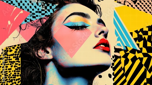 An abstract 1980s-inspired collage featuring a female portrait, characterized by vibrant, retro colors and geometric patterns. photo