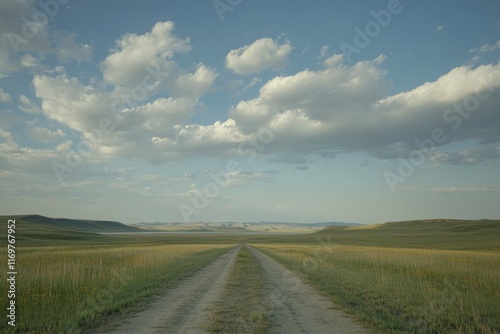 an expansive view of the sky with dramatic clouds over an empty road in Pat/open prairie near enormous lake, urtleback energy is written on it, shot from low angle, natural lighting, national geograph photo