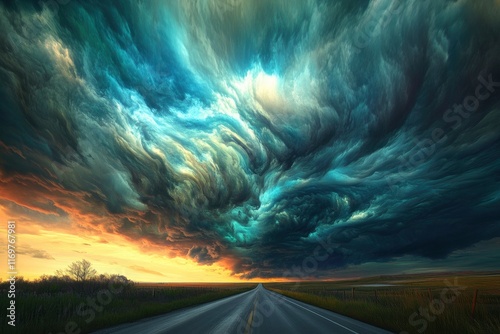 an expansive view of the sky with dramatic clouds over an empty road in Pat/open prairie near enormous lake, urtleback energy is written on it, shot from low angle, natural lighting, national geograph photo