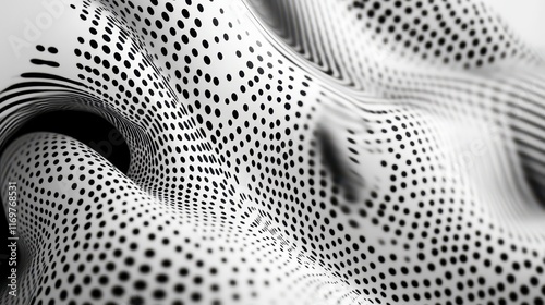 An abstract black and white dot wave pattern creates a visually striking wallpaper with its dynamic interplay of shapes and contrasts. photo