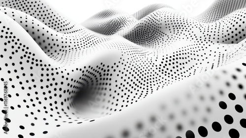 An abstract black and white dot wave pattern creates a visually striking wallpaper with its dynamic interplay of shapes and contrasts. photo