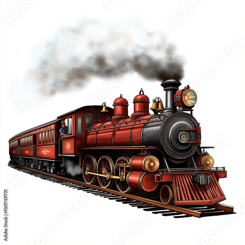 Red steam train running on railway track with engineer driving locomotive photo