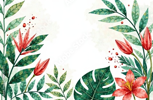 Colorful tropical flowers and leaves create a vibrant decorative design for various uses photo