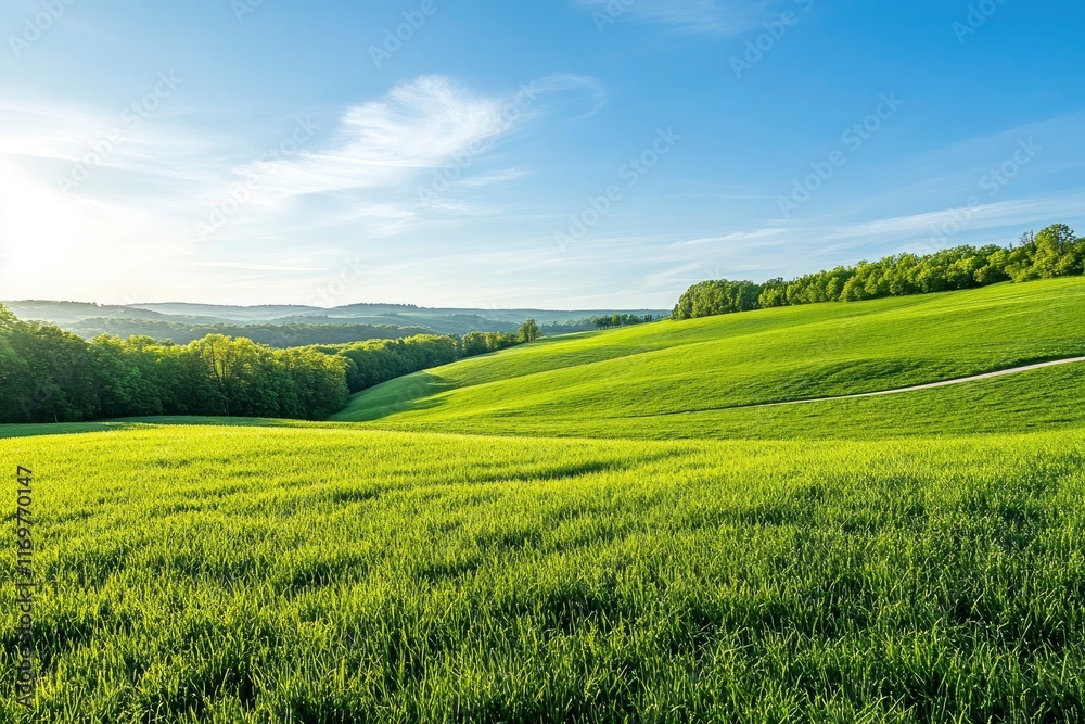 Beautiful grassy field with a winding road, a vibrant green meadow, rolling hills, a sunny day, a blue sky, an aerial view, a wide-angle lens, natural landscape photography, golden hour lighting Beautiful grassy field with a winding road, a vibrant green meadow, rolling hills, a sunny day, a blue sky, an aerial view, a wide-angle lens, natural landscape photography, golden hour lighting