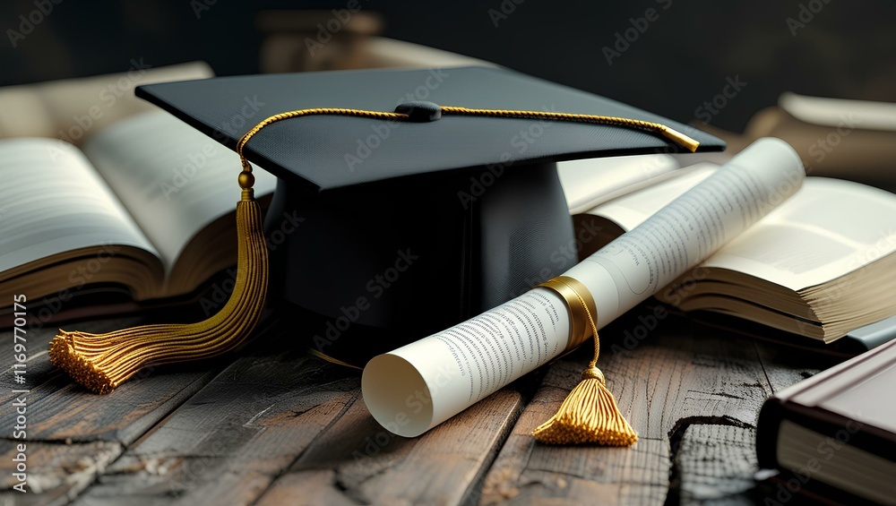 Naklejka premium A graduation cap, diploma, and books arranged neatly on a wooden table, symbolizing academic achievement and success