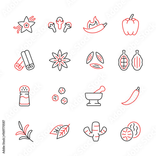 Spice and seasoning line color icon set. Vector collection condiment with vanilla, clove, hot pepper, cinnamon, anise star, salt shaker, ginger and nutmeg.