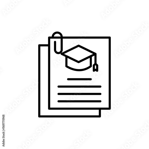 academic transcrip icon,
Graduation cap perched on academic documents, ideal for educational, commencement, success, graduation, achievements, knowledge, diploma, and learning concepts.