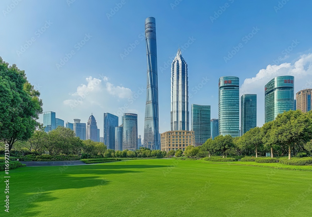 Fototapeta premium Beautiful green lawn with skyscrapers in the background, city park landscape. Modern urban architecture with copy space. Cityscape of Shanghai, China, Lujiazui business district. Bright sky. 
