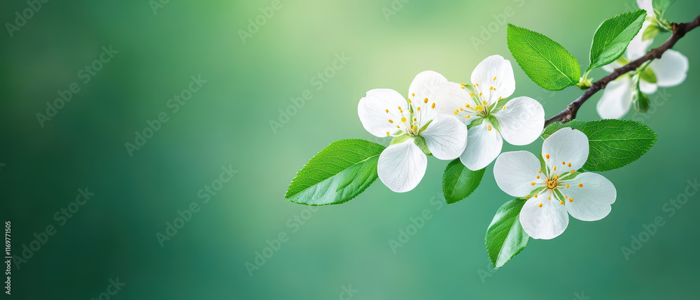 Fototapeta premium Delicate white flowers blooming on green background