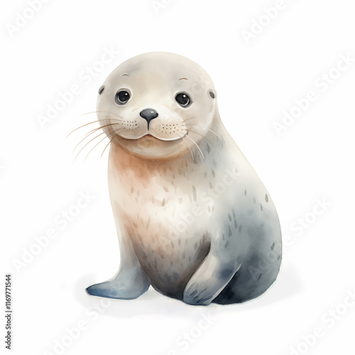 Cute watercolor illustration of a childish seal. Playful arctic art for nursery decor, prints. Ai generated image