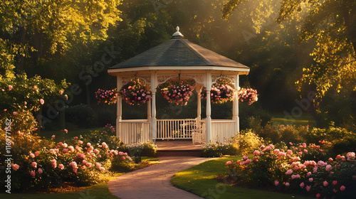 A Charming Gazebo with Hanging Baskets Perfect for Relaxing Outdoors