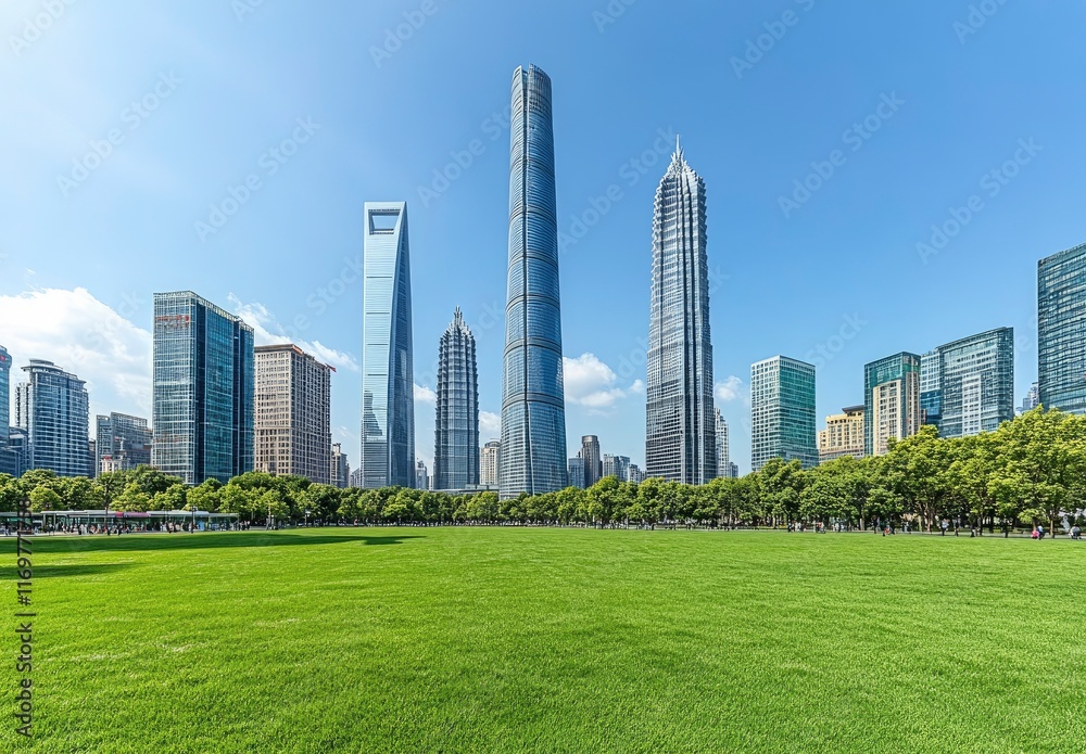 Beautiful green lawn with skyscrapers in the background, city park landscape. Modern urban architecture with copy space. Cityscape of Shanghai, China, Lujiazui business district. Bright sky. Beautiful green lawn with skyscrapers in the background, city park landscape. Modern urban architecture with copy space. Cityscape of Shanghai, China, Lujiazui business district. Bright sky.