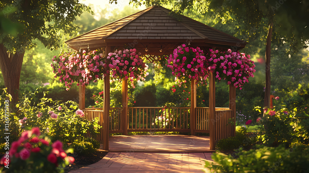 Fototapeta premium Charming Gazebo Adorned with Hanging Baskets: Enchanted Garden Setting