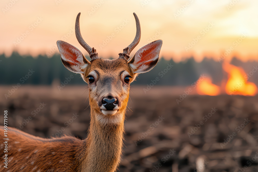 Obraz premium deer looking for in burning landscape