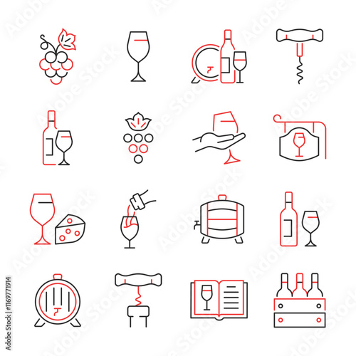 Wine line color icon set. Vector collection with glass, grape, barrel, bottle, cheese.