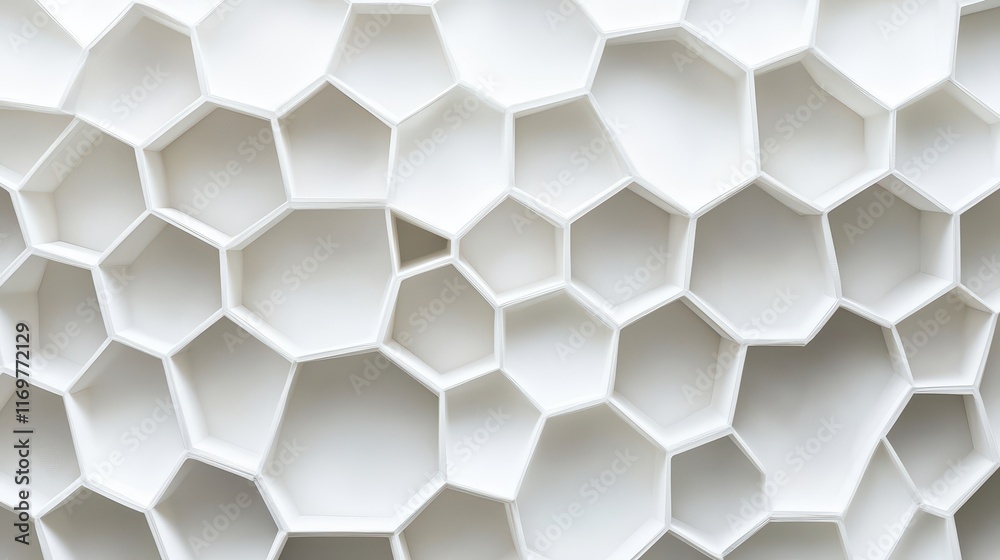 Fototapeta premium An abstract white honeycomb structure featuring organic geometric patterns creates a modern design aesthetic for architectural backgrounds.
