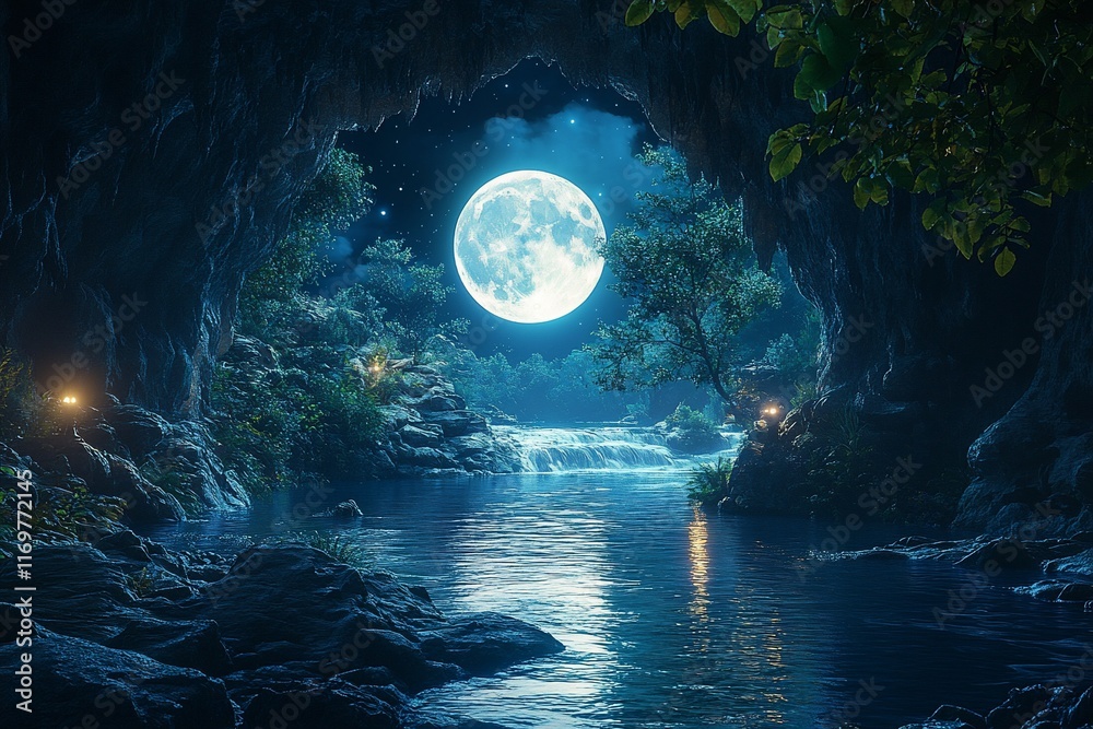 Fototapeta premium Moonlit cave entrance with waterfall and calm river.