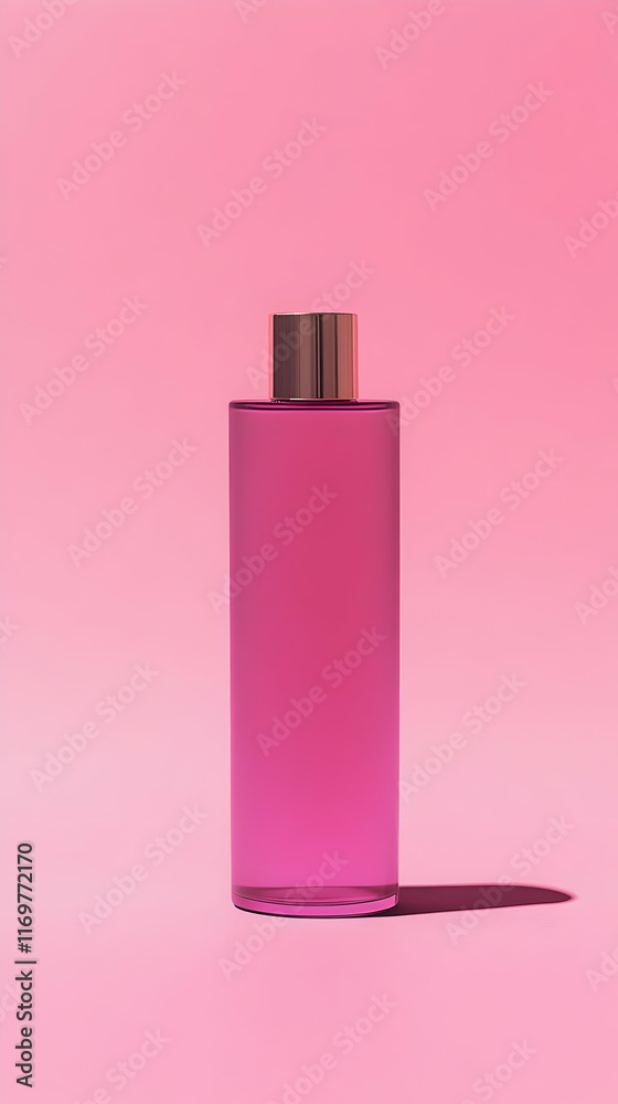A sleek pink bottle with a metallic cap against a soft pink background. Work from home product A sleek pink bottle with a metallic cap against a soft pink background. Work from home product