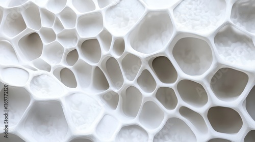 An abstract white honeycomb structure featuring organic geometric patterns creates a modern design aesthetic for architectural backgrounds. photo
