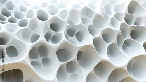 An abstract white honeycomb structure featuring organic geometric patterns creates a modern design aesthetic for architectural backgrounds. photo